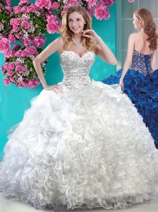 Discount White Really Puffy Quinceanera Dress with Beading and Ruffles
