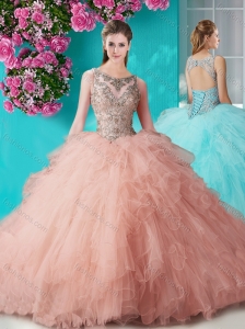 See Through Open Back Beaded and Ruffled Quinceanera Dress in Organza