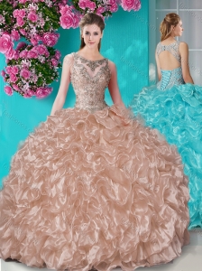 Beautiful Beaded and Ruffled Quinceanera Dress with See Through Scoop