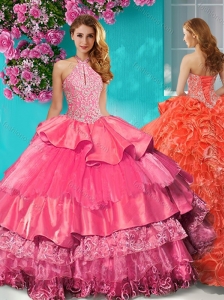 Gorgeous Halter Top Brush Train Quinceanera Dress with Beading and Ruffles Layers