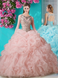 Perfect Brush Train Scoop Peach Quinceanera Dress with Beading and Ruffles