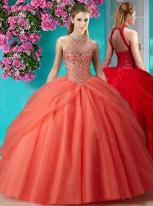 Perfect Halter Top Beaded and Applique Quinceanera Dress in Orange Red