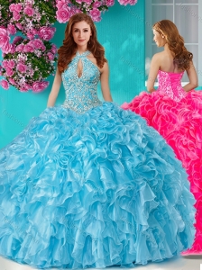 Popular Beaded and Ruffled Big Puffy Quinceanera Dresses with Halter Top