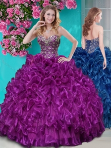 Unique Puffy Ruffled and Rhinestoned Quinceanera Dress with Blue Beading