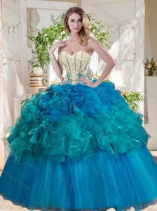 Elegant Beaded and Ruffled Really Puffy Quinceanera Dress in Teal and Blue