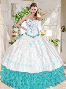 Exclusive Ruffled and Beaded Asymmetrical Quinceanera Dresses with White and Aqua Blue
