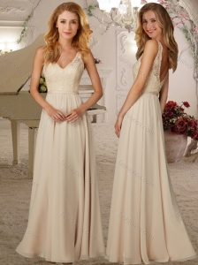 Classical Deep V Neck Champagne Cheap Dama Dress with Lace and Beading