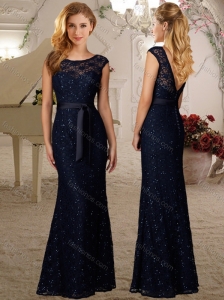 Elegant Cap Sleeves Column Laced Cheap Dama Dress with Beading and Belt