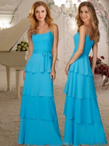 Romantic Belted and Ruffled Layers Cheap Dama Dress with Spaghetti Straps