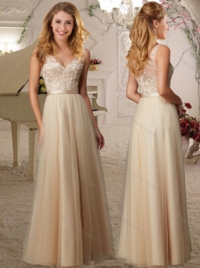 Classical Applique Tulle Champagne Cheap Dama Dress with Deep V Neck