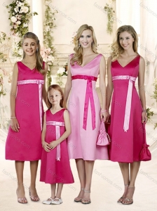 Fashionable Deep V Neck Bridesmaid Dress with Belt and Bowknot