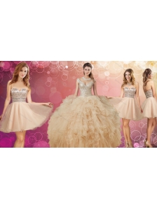 Elegant V Neck Ruffled Quinceanera Dress and Fashionable Sequined A Line Dama Dress in Champagne
