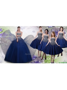 Most Popular Beaded Big Puffy Quinceanera Dress and Elegant Tea Length Navy Blue Dama Dresses