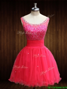 Modest Beaded Bodice Open Back Organza Prom Dress in Coral Red