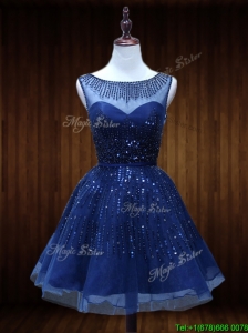 Modest See Through Beaded Short Prom Dress in Royal Blue