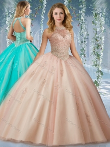 Fashionable Halter Top Champagne 15 Quinceanera Dress with Appliques and Beading