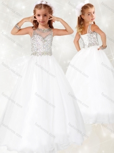 Lovely Beaded White Little Girl Pageant Dress with See Through Scoop