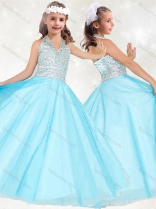 Modest Beaded Baby Blue Mini Quinceanera  Dress with Halter Top