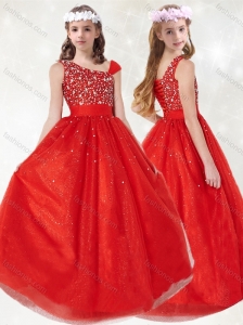 New Style  Asymmetrical Neckline Red Little Girl Pageant Dress with Beading