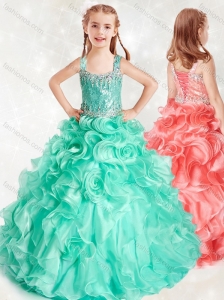 New Style Beaded and Ruffled Little Girl Pageant Dress in Turquoise