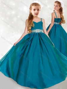 New Style Spaghetti Straps Turquoise Little Girl Pageant Dress with Beading and Ruching