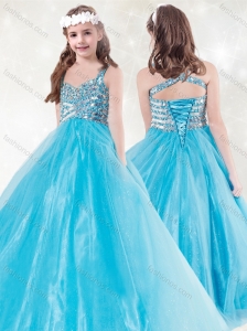 New Style Straps Beading Little Girl Pageant Dress in Aqua Blue