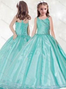 New Style Straps Big Puffy Mint Little Girl Pageant Dress with Beading and Ruching