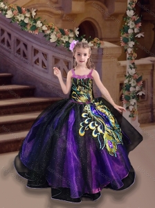 New Style Straps Peacock Applique Little Girl Pageant Dress in Purple