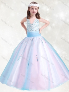 New Style V Neck Rainbow Little Girl Pageant Dress with Beading