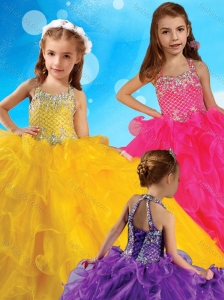 Affordable Halter Top Big Puffy Little Girl Pageant Dress with Beading and Ruffles