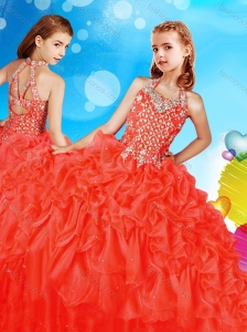 Artistic Beaded and Ruffled Little Girl Pageant Dress in Coral Red