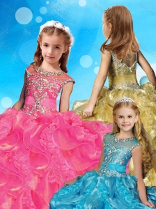 Gorgeous Beaded and Ruffled Little Girl Pageant Dress with See Through Scoop