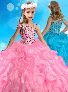 Beautiful Asymmetrical Neckline Rose Pink Little Girl Pageant Dress with Beading and Ruffles