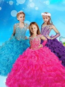 Pretty Halter Top Cap Sleeves Little Girl Pageant Dress with Beading and Ruffles