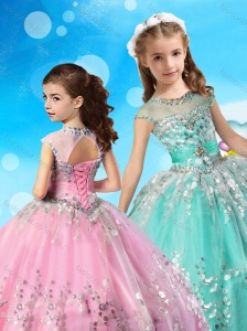 See Through Cap Sleeves Little Girl Pageant Dress with Beading and Appliques