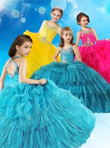 Top Selling Straps Criss Cross Little Girl Pageant Dress with Beading and Ruffled Layers