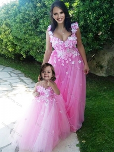 Beautiful Deep V Neckline Modest Prom Dress with Appliques and Hot Sale Rose Pink Little Girl Dress with See Through Scoop