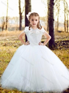 Fashionable Scoop Really Puffy Flower Girl Dress with Hand Made Flowers and Appliques