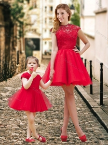 Feminine High Neck Backless Modest Prom Dress in Red and Beautiful Mini Length Little Girl Dress with Cap Sleeves