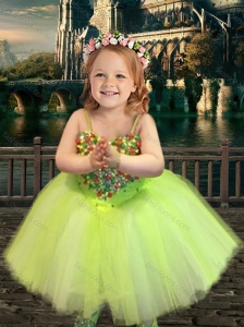 Most Popular Yellow Green Spaghetti Straps Flower Girl Pageant Dress with Beading