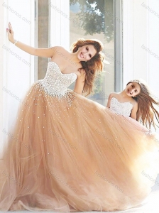 New Arrivals Beaded Modest Prom Dress with Brush Train and Cheap Sweetheart Little Girl Dress with Beading