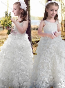 New Arrivals Ruffled and Bowknot White Flower Girl Dress with Straps