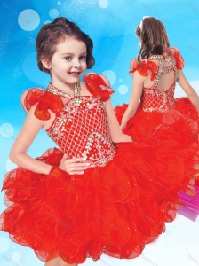 Exclusive Beaded and Ruffled Halter Top Little Girl Mini Quinceanera Dress with Criss Cross