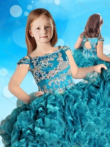 Hot Sale Straps Cap Sleeves Little Girl Mini Quinceanera Dress in Teal