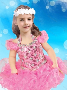 Most Popular Halter Top Organza Short Little Girl Pageant Dress in Rose Pink