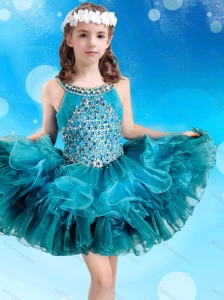 Popular Beaded Decorated Scoop Teal Little Girl Mini Quinceanera Dress in Organza