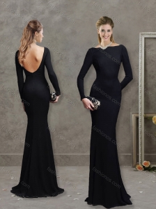 Elegant Bateau Long Sleeves Black Evening Dress with Brush Train