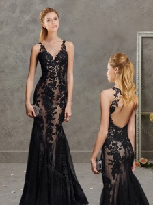 Exquisite Laced Open Back Black Evening Dress with Deep V Neckline