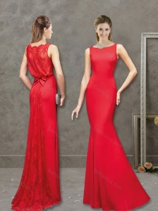Feminine Column Red Evening Dress with Lace and Bowknot