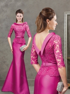 Luxurious Laced and Bowknot Bateau Evening Dress with Half Sleeves